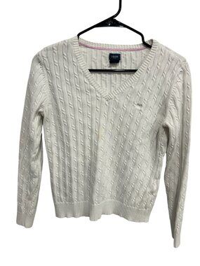 Izod Large Petite Cable Knit White V-Neck Sweater Long Sleeve Cozycore Preppy